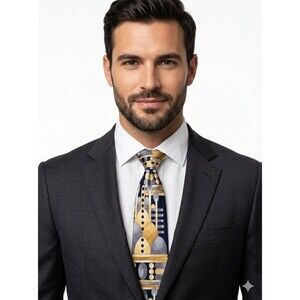 Alexander Lloyd Men's Navy Gold Gray Geometric Abstract Pointed Tie Logo